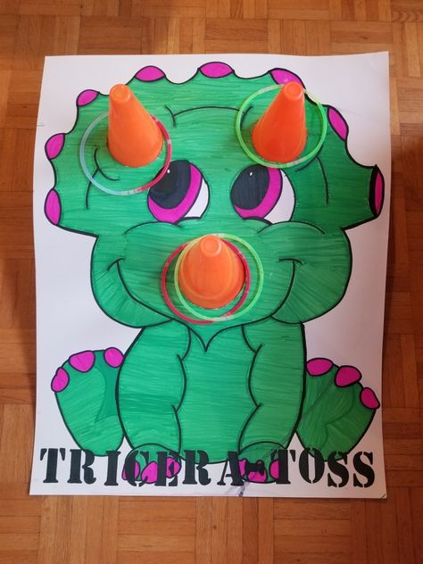 Three Rex Party Games, 3 Rex Birthday Party Games, Pin The Horn On The Triceratops, Dino Themed Activities, Roar 4 Birthday, Dinosaur Ring Toss, Dinosaur Carnival Games, Games For Dinosaur Birthday Party, Dinosaur Summer Birthday Party