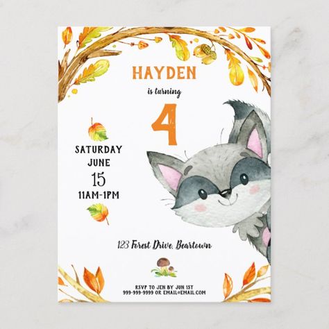 Cute Woodland Forest Raccoon Watercolor Birthday Invitation Postcard #woodland #forest #raccoon #watercolor #birthday #InvitationPostcard #kidsbirthday #kidsbirthdayinvitations #kidsbirthdayparty Raccoon Watercolor, Woodland Invitation Birthday, Trendy Invitations, Design Art Drawing, Woodland Birthday, Postcard Invitation, Watercolor Birthday, Kids Birthday Party Invitations, Woodland Forest