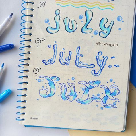 Top 3 July title ideas for bullet journal💙🐠 🐠✨July Header Ideas: Water font versions with inspiration from water , from the sea. You can review their step-by-step video lettering tutorial on my page posted✨🌊 Add more pretty to your bullet journal this July. 🐠🌊 . Wish you all have a nice day!🐠💙 👉 Follow @tintyourgoals to follow more💙 . . . Tag🏷💛⁣ #tintyourgoals #hellojuly #bujoreels #bulletjournal #bujo #julybulletjournal #julybujo #underthesea #bujoinspiration #letteringtutorial #waterwa... Header Lettering Ideas, Pretty Letter Fonts, Title Page Ideas, Ideas For Bullet Journal, Header Ideas, Title Ideas, Goals Bullet Journal, Journal Lettering, Hello July