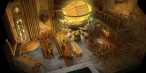 Cool Bars Designs, Arcane City, Steampunk Restaurant, Steampunk Workshop, Steampunk Bar, Steampunk Machine, Steampunk Kitchen, Steampunk Store, Painting In Photoshop