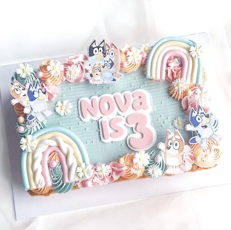 Bluey Birthday Cake Square, Bluey Cake Rectangle, Bluey Cake Ideas Sheet Cake, Bluey 3rd Birthday Cake, Bluey Sheet Cake For Girl, Pastel Sheet Cake, 3rd Birthday Bluey Theme, Bluey 2nd Birthday Cake, Bluey Sheet Cake