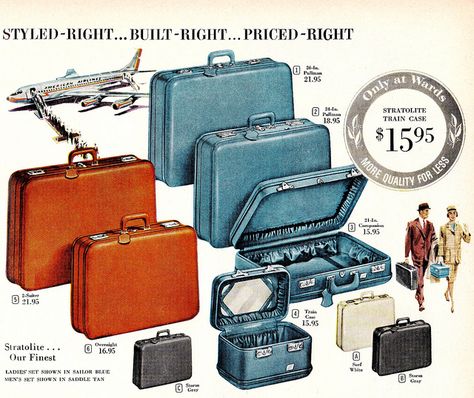 Montgomery Ward's stylish 1958 suitcase offerings #suitcase #vintage #travel #catalog #1950s #fifties #retro #airline #airplane #travel Vintage Samsonite Luggage Set, 1950s Suitcase, 60s Vintage Fashion, Suitcase Vintage, Tiger Love, High School Graduation Gifts, Vintage Suitcases, Beauty Marketing, Retro Images