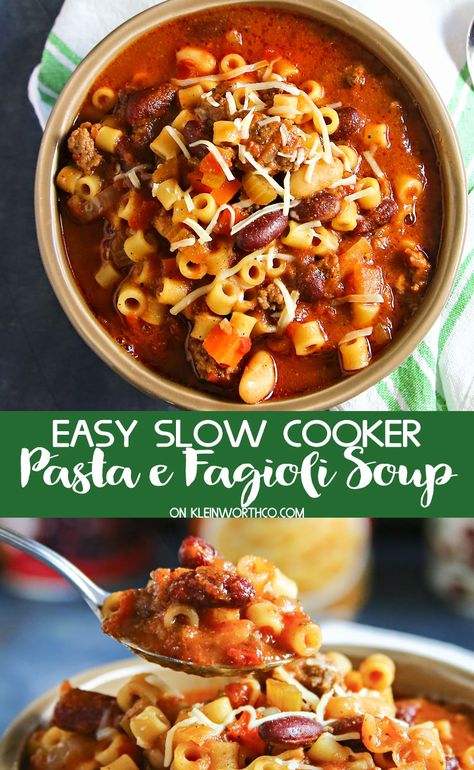 Simple slow cooker version of the classic Italian soup Pasta e Fagioli that will rival any restaurant recipe around. Makes enough to feed a crowd, absolutely delicious. via @KleinworthCo #ad #SWBeans #IC @SWBeans #pastaefagioli #slowcooker #crockpot #soup #Easyrecipes #dinner #beef #pasta #beans Slow Cooker Pasta Fagioli, Pasta Fagioli Recipe, Pasta Fagioli Soup, Crockpot Pasta, Dinner Beef, Pasta E Fagioli Soup, Fagioli Soup, Crockpot Soup, Soup Pasta