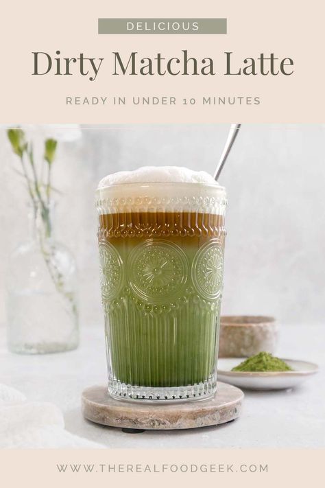 This warm, refreshing Dirty Matcha Latte is the perfect morning pick-me-up for coffee and matcha lovers. It’s essentially a matcha latte, made “dirty” with a shot of espresso. It’s ready in under 10 minutes, so you can skip the long lines and make your own café-style drink right at home. Plus, it's gluten-free, dairy-free, nut-free, and vegan. Follow along for more delicious and nutritious recipes! Dirty Matcha Latte, Dirty Matcha, Vegetarian Weeknight Dinners, Matcha Espresso, Pasta Olive Oil, Matcha Latte Recipe, Best Paleo Recipes, Vegetarian Recipes Lunch, Shot Of Espresso