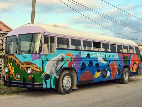 Great paint job on a bus! Painted Bus, Bus Exterior, Exterior Paint Ideas, Bus Painting, Makers Space, Skoolie Conversion, School Bus Camper, Converted School Bus, Painting Colour