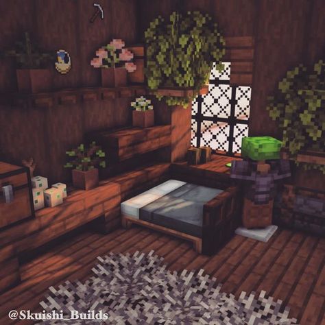 Easy Minecraft Bedroom Ideas, Minecraft Cottage Interior Bedroom, Minecraft Bed Ideas Cottagecore, Minecraft Room Ideas Survival, Villager Room Minecraft, Small Bed Design Minecraft, Minecraft Cute Room Ideas, Minecraft House Decor Ideas Bedroom, Minecraft Big Entrance Ideas