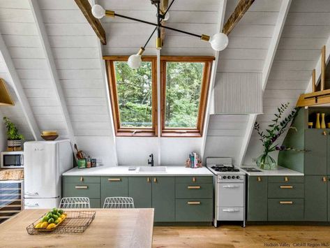 Catskill Chalet A-Frame with Updated Interior on 2.4 Acres Aframe Cabins, A-frame Interior, Cabin Vibes, Bold Kitchen, Cabin Retreat, Country Interiors, Bedroom Frames, Lake Side, A Frame House Plans