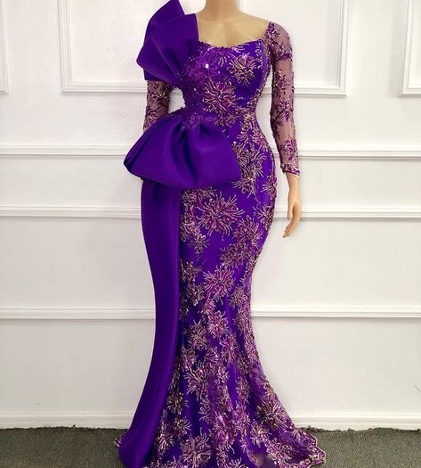 Gowns With Bow, Lace Styles For Wedding, Nigerian Lace Dress, Nigerian Dress Styles, Nigerian Dress, Nigerian Lace Styles Dress, Nigerian Lace Styles, Purple Evening Dress, African Lace Styles