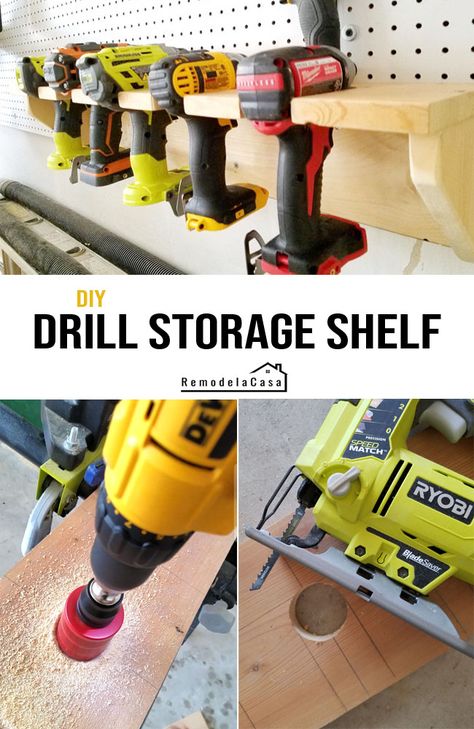 Wood Drill Holder, Drill Organizer Diy, Power Tool Storage Diy, Drill Organizer, Shelf Hallway, Organize Tools, Ladder Shelf Diy, Drill Storage, Diy Bar Stools