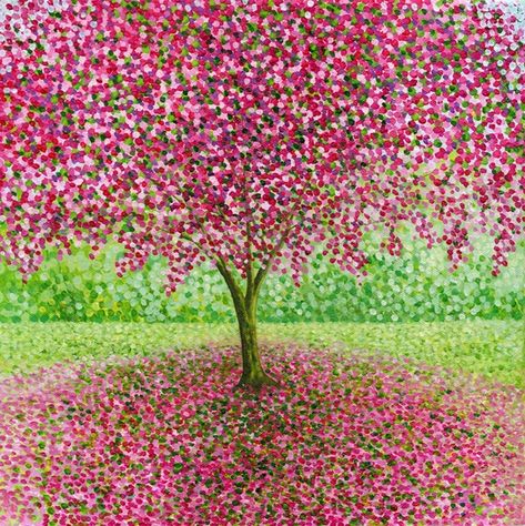 Spring Tree Art, Gardening Cards, Pointalism Art, Wisteria Tree, Stippling Art, Spring Painting, Garden Painting, Dot Art Painting, Square Art