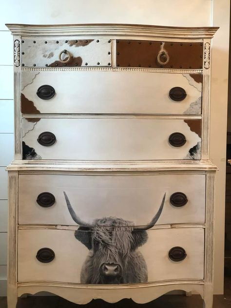 Cowhide Dresser Diy, Aztec Furniture Makeover, Antique Western Bedroom, Diy Western Dresser Makeover, Western Style Painted Furniture, Western Dresser Diy, Western Furniture Diy, Southwestern Dresser, Western Dressers