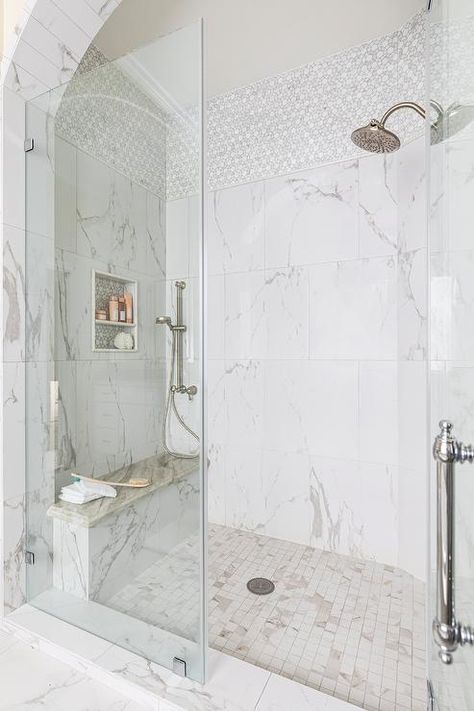 Tiled Niche, Transitional Home Design, Tile Shower Niche, Marble Shower Tile, Calcutta Marble, Shower Wall Tile, Marble Wall Tiles, Marble Showers, Shower Floor Tile