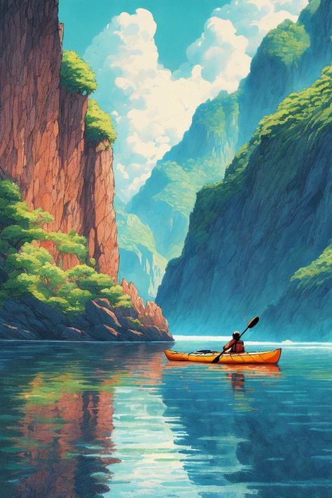 Tranquil Fjord Kayak Check more: https://paintlyx.com/tranquil-fjord-kayak/ Kayak Drawing, Kayak Wallpaper, Kayak Painting, Kayak Illustration, Kayak Painting Acrylic, Watercolor Kayak Paintings, Fjord Painting, Cool Wallpapers Art, Cool Wallpaper