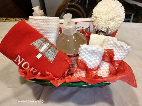 MAKING A GIFT BASKET WITH DISHCLOTHS, DISH TOWEL, DISH SOAP, HAND SOAP, BASKET  EVERYTHING BUT THE KITCHEN SINK GIFT BASKET INSPIRATION. Dish Soap Christmas Gift, Dish Towel Gift Basket, Dish Soap Gift Basket, Kitchen Towel Gift Basket, Soap And Towel Christmas Gift, Neighbor Christmas Gifts Dish Towel, Soap Gift Basket, Hand Soap Gift, Making A Gift Basket