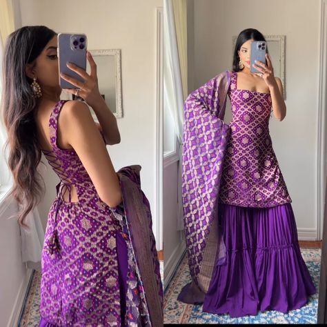 Dark Purple Sharara Suit, Square Neck Sharara Suit, Backless Sharara Designs, Sharara Suit Back Neck Design, Square Neck Punjabi Suit, Purple Dress Outfit Indian, Desi Neck Designs, Square Neck Suit Designs, Purple Traditional Dress Indian