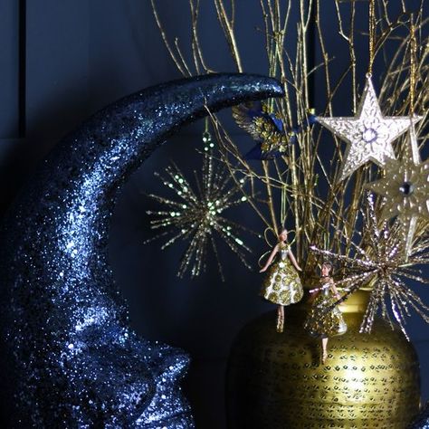 Gisela Graham London on Instagram: "When it comes to Christmas decor, we're all about that mistle-glow! Check out our Midnight Goose collection now and make your home shine as bright as the stars in the midnight sky! ✨ #GiselaGraham #GiselaGrahamChristmas #BlueChristmasDecor #BlueChristmas" Starry Christmas Decor, Midnight Christmas Decor, Moon And Stars Christmas Tree, Midnight Blue Christmas, Moon Tree Topper, Gisela Graham Christmas, Gisela Graham, Blue Christmas Decor, Midnight Sky