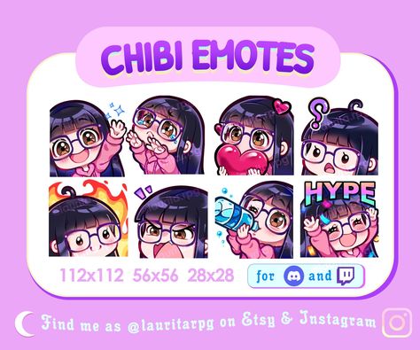 Excited to share the latest addition to my #etsy shop: Cute Chibi Girl with Square Glasses Emote Set for Twitch / Straight Black Hair with Bangs, Brown Eyes and Fair Skin / Pack 2 https://etsy.me/3NUzkxS #twitchemotes #kawaiiemotes #emoteswithglasses #cutetwitch Straight Black Hair With Bangs, Black Hair With Bangs, Red Hair With Bangs, Bangs And Glasses, Chibi Emotes, Skin Pack, Hee Man, Straight Black Hair, Brush Paint