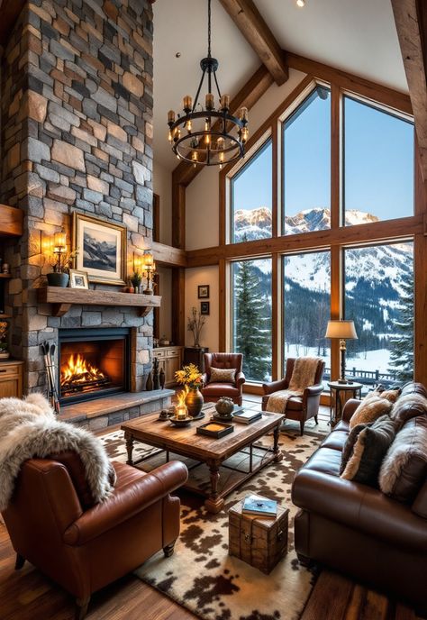 Rustic Living Room Cabin Living Room Fireplace, Mountain Lodge Fireplace, Lodge Interior Design Rustic, Cozy Cabin Living Room Ideas, Comfort Room Ideas, Winter Lodge Interior, Mountain Decor Living Room, Alpine Chalet Interior, Lodge Decorating Ideas