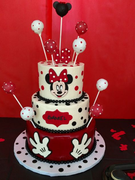 Cake Red Minnie Mouse Cake, Red Minnie Cake, Minnie Mouse Cakes, One Tier Minnie Mouse Cake, Black Minnie Mouse, Micky Mouse Cake For A Girl, Half Birthday Cakes, Butter Cream Mini Mouse Cake, Black Birthday