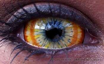 'Princess Nuala' (Samhain Contact Lenses) Orange Eye Contacts, Contact Lenses Halloween, Black Eye Contacts Halloween, Colored Contact Lenses Halloween, Solotica Contacts, Cool Contacts, Cosplay Contacts, Halloween Contact Lenses, Halloween Eye Makeup