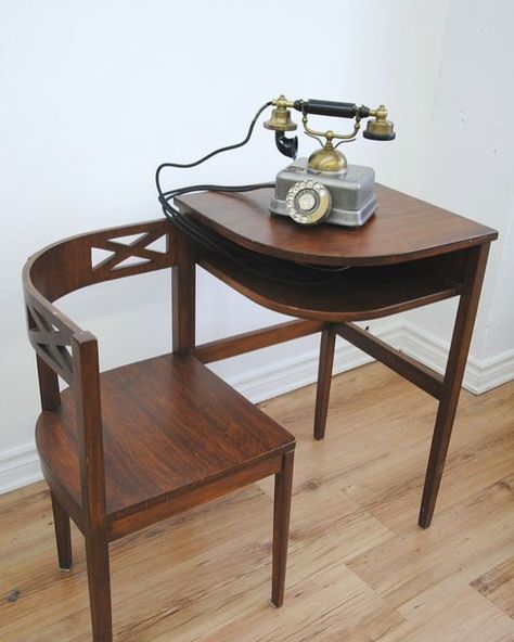 1930s Vintage Phone Table-Chair . . #fabfind #vintage #furniture #antique #1930 #telephone #tablechair #combo #wood #unique #piece #tgif #weekend #art #wishlist #bucketlist #wunderlust #instadesign #want Vintage Telephone Table, Phone Table, Antique Telephone, Telephone Table, Vintage Telephone, Table Vintage, Art Deco Furniture, A Chair, Cool Furniture