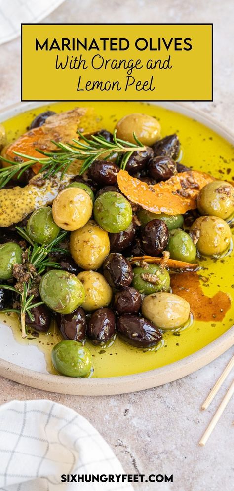 Mixed Olives marinated with lemon and orange zest, fresh herbs, olive oil, and balsamic vinegar, the best combination to bring Mediterranean flavors to your table. Olive Oil Marinade, Yummy Lunch Recipes, Pickled Olives, Vegan Snack Recipes, Marinated Olives, Olive Salad, Elegant Appetizers, Olive Recipes, Best Appetizer Recipes