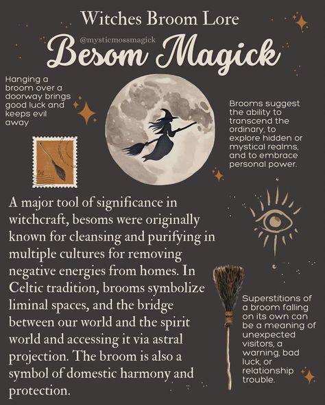 The witches broom has been a long associated symbol of connecting to the divine forces of your spirit, cleansing, purifying and removing negativity. Use bay branches, witch hazel, eucalyptus, cedar or willow trees in your broom and anoint with cinnamon oil or cinnamon powder and sweep from right to left to bring new energies into the home. ✨🌿🍂🌙 . . . #greenwitch #hedgewitch #kitchenwitch #forestwitch #cottagewitch #hearthwitch #magick #mystic #cottagecore #goblincore #witchcore #witch #witchy... Brooms In Witchcraft, Cinnamon Broom Meaning, Witch Besoms, Cinnamon Broom Witchcraft, Make A Witches Broom, Cottage Witchcraft, Witches Besom, Witches Facts, Spirit Cleansing