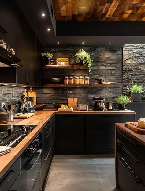 Black And Oak Wood Kitchen, Black Kitchen With Wood Cabinets, Black Kitchen Oak Worktop, Black And Wood Modern Kitchen, Black Cabinets With Wood Countertops, Cozy Dark Kitchen, Black Kitchen Cabinets Wood Countertops, Black Kitchens With Wood, Kitchen Design Dark Wood