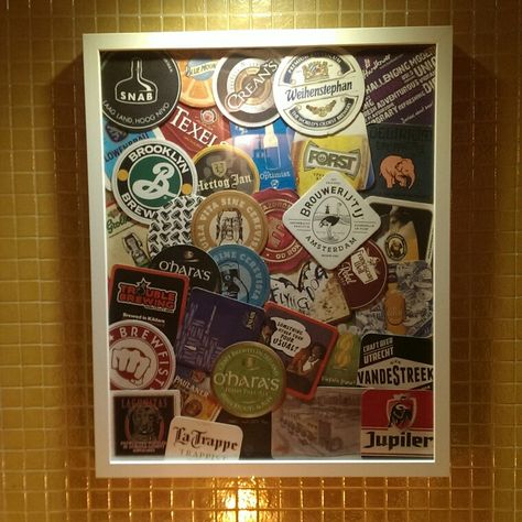 Craft beer mats framed poster for bar / man cave Beer Mats Ideas, Bar Coaster Crafts, Beer Coaster Display, Bar Coaster Ideas, Beer Mat Display, Beer Coaster Art, Moving Organization, Coasters Ideas, Beer Logos