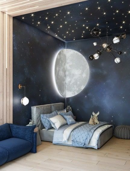 Elegant Space Themed Bedroom Space Themed Bedroom, Space Themed Room, Kids Interior Design, Kids Interior Room, Bedroom Designs, Kids Room Design, Kids Bedroom Decor, Decor Minimalist, Bedroom Aesthetic