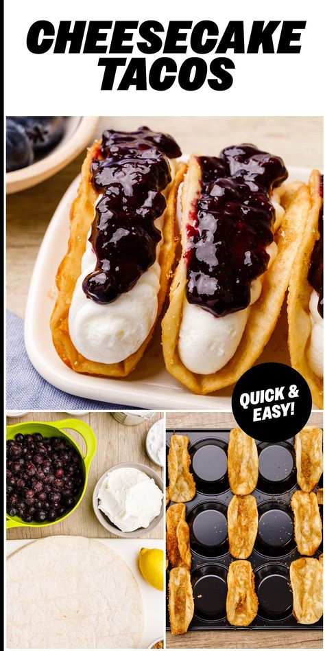 Blueberry Cheesecake Tacos - Nurtured Homes Sweet Taco, Dessert Taco, Blueberry Ice Cream, Taco Fillings, Blueberry Sauce, Easy Blueberry, Cheesecake Desserts, Blueberry Cheesecake, Homemade Tacos