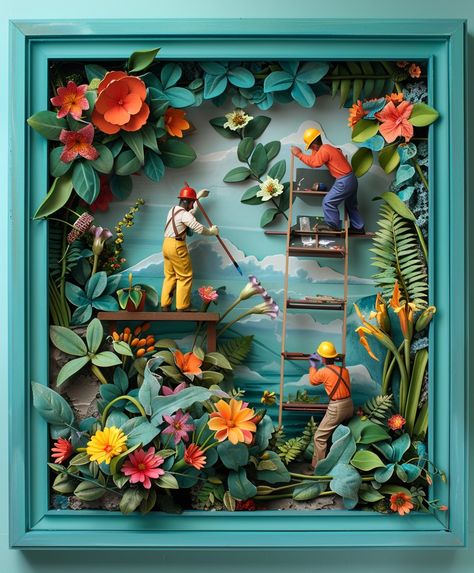 A turquoise frame with an art piece inside depicting construction workers painting flowers in the diorama style Paper Diorama Art, Diorama Art Ideas, Diaroma Ideas Projects, Frame Diorama, Diaroma Ideas, Forest Diorama, Diorama Art, Flower Projects, Turquoise Frame