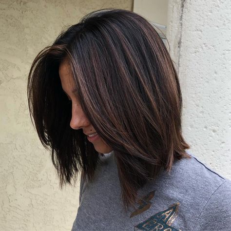 . Deep Chai Tea ☕️ Long Bob Cut . . .… Chocolate Lob Hair, Cover Grey Hair Brunette, Lob Dark Hair, Thick Hair Haircut Short, Long Bob Blowout, Dark Hair Bob Haircut, Dark Long Bob, Dark Brunette Hair Color With Highlights, Fall Color Hair Ideas