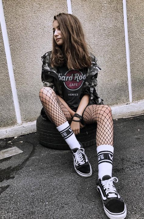 Printed tee with blouse, shorts, fishnet leggings, Vans socks & shoes by dariadanu Grunge Fishnets, Grunge Looks, Grunge Shorts, Leggings Mode, Fishnet Leggings, Tumblr Grunge, Bridget Bardot, Edgy Grunge, Fashion Edgy