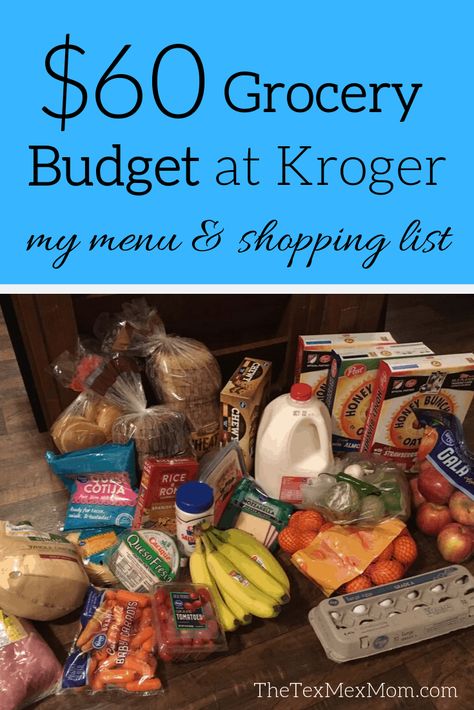 This week I had a $60 grocery budget for my family of four. Here's my menu and shopping list for my $60 grocery budget at Kroger. Budget Grocery List, Free Grocery List, Budget Food, Budget Freezer Meals, Fruit Lunch, Food Budget, Weekly Grocery, Grocery Budget, Budget Meal Planning