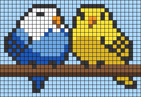 Alpha pattern #127406 | BraceletBook Budgie Pixel Art, Parrot Pixel Art, Birds Couple, Grid Patterns, Art Pixel, American Animals, Pixel Crochet, Pix Art, Stitch Cartoon