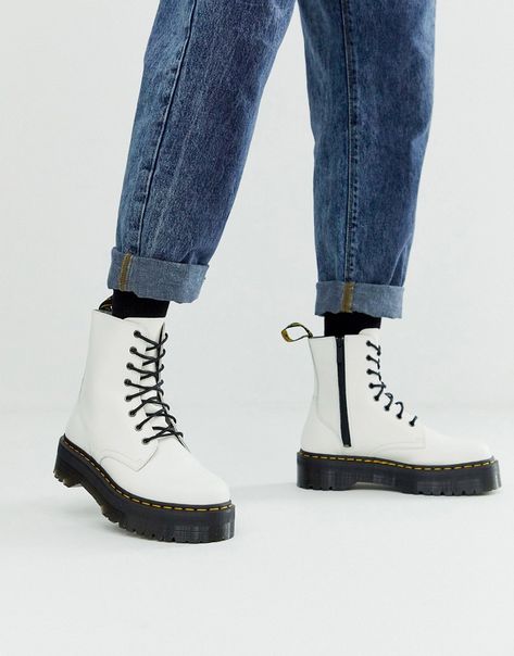 DR. MARTENS JADON PLATFORM BOOTS IN WHITE LEATHER - WHITE. #dr.martens #shoes Platform Chelsea Doc Martens Outfit, Platform Doc Martens Sandals, Chelsea Doc Martens Outfit, Doc Martens Sandals Outfit, Jadon Outfit, White Platform Doc Martens, Dr Martens Shop, Doctor Martens, Jadon Platform Boots