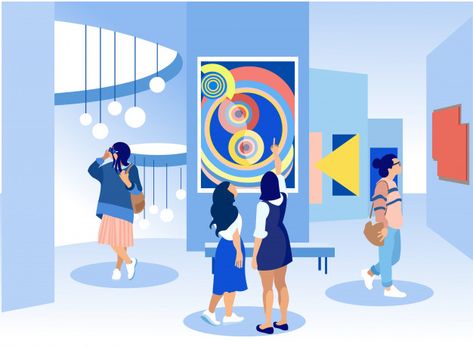 Exhibition visitors viewing paintings in gallery. Premium Vector Abstract Art Gallery, Its A Girl Balloons, Creative Artwork, Painting Gallery, Modern Abstract Painting, Contemporary Art Gallery, Illustrations And Posters, Abstract Paintings, Exhibition Design