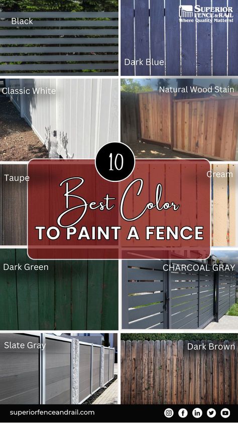 Express your style with our guide to the '10 Best Colors to Paint a Fence.' From classic neutrals to vibrant hues, discover the perfect palette to enhance your outdoor space. Elevate your curb appeal and redefine your boundaries with these stunning colors. Explore our recommendations for a fence that stands out with flair! Yellow Fence Paint, Fencing Colour Ideas, Grey House Fence Color, Painted Wood Fence Colors, Painted Outdoor Fence, Stained Fence Colors, Grey Stained Fence, Stain Fence Colors, Best Fence Stain Colors