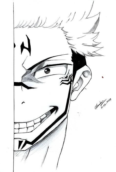 Jujutsu kaisen sketch Sukuna Half Face Drawing, Jujitsu Kaisen Drawings, Jujutsu Kaisen Sketch, Anime Face Drawing, How To Draw Anime Eyes, Naruto Sketch Drawing, Pencil Sketch Images, Naruto Sketch, Anime Drawing Books