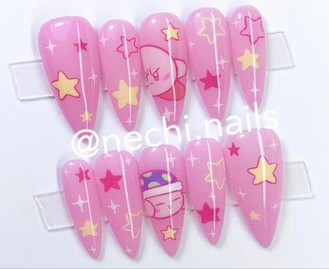 Cute Kirby Nails, Kirby Nails Short, Kirby Inspired Nails, Pink Pokemon Nails, Kirby Nail Design, Princess Bubblegum Nails, Kirby Nails Acrylic, Kawaii Acrylics, Jigglypuff Nails