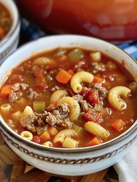 Beef and Macaroni Soup Beef And Macaroni Soup, Recipes With Elbow Noodles, Hamburger Macaroni Soup, Macaroni Soup Recipes, Spaghetti Soup, Pasta Soup Recipes, Beef Macaroni, Crockpot Chicken And Noodles, Macaroni Soup