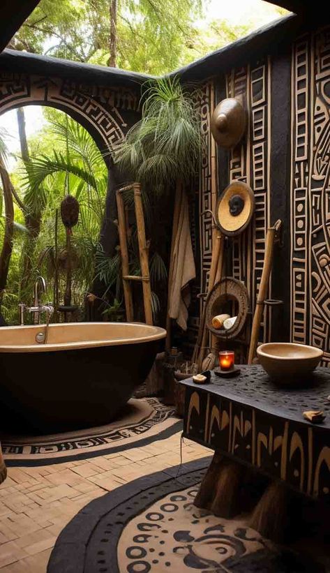 Indonesian Decor Interiors, Afrocentric Home Decor Interior Ideas, African Luxury Homes, African Bathroom Ideas, Nigerian Home Decor, African Inspired Interior Design, African Bathroom Decor Ideas, African Homestead, African House Decor