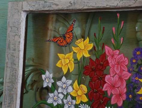 Custom hand painted window - monarch butterfly, gladiolus, narcissus, daffodils, asters Painted Window Art, Spring Window, Church Windows, Window Painting, Window Art, Custom Hand Painted, Monarch Butterfly, Mural Art, Window Display