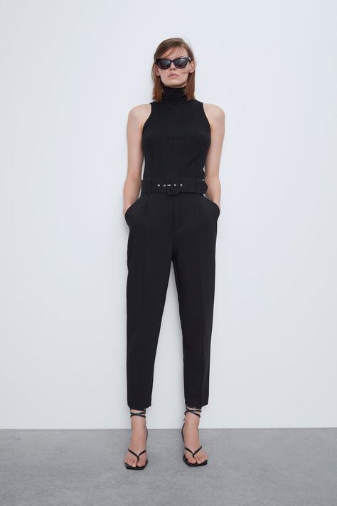 HIGH - WAISTED BELTED PANTS | ZARA United States Zara Belted Pants Outfit, Belted Pants Outfit, Black Pants Outfit, Belted Pants, All Black Outfit, Outfit Goals, Business Attire, Fashion Books, High Waisted Trousers