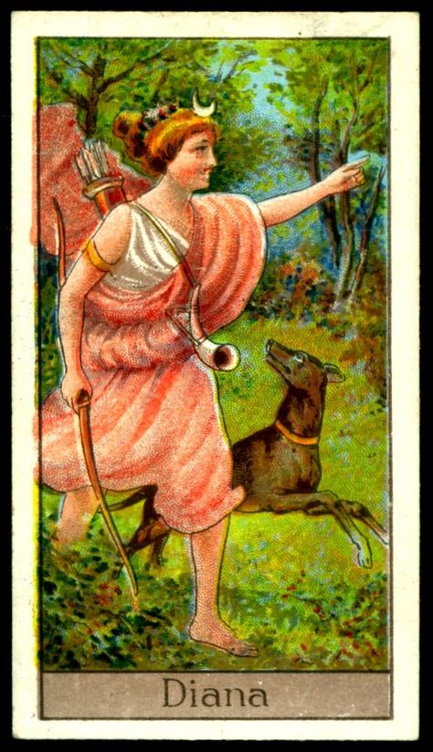 Cigarette Card - Diana | Boguslavsky's Cigarettes "Mythologi… | Flickr Diana Roman Goddess, Goddesses Art, Goddess Sagittarius, Goddess Of Hunting, Hellenic Polytheism, Mythological Gods, Dionysus God, Greek Goddess Art, Gods Goddesses