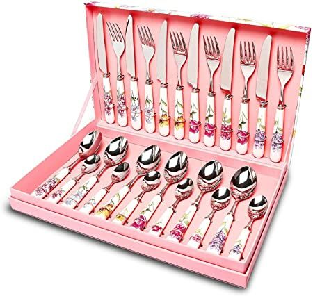 Amazon.com | Yasite 24 Pcs Stainless Steel Flatware Set - Dinner Knives, Forks and Spoons for Dessert & Dinner, Silverware Service for 6 With Ceramic Handle: Flatware Sets Silverware Sets, Cutlery Set Stainless Steel, Cutlery Sets, Pink Ceramic, Forks And Spoons, Stainless Steel Flatware, Unique Ceramics, Tableware Set, Event Catering