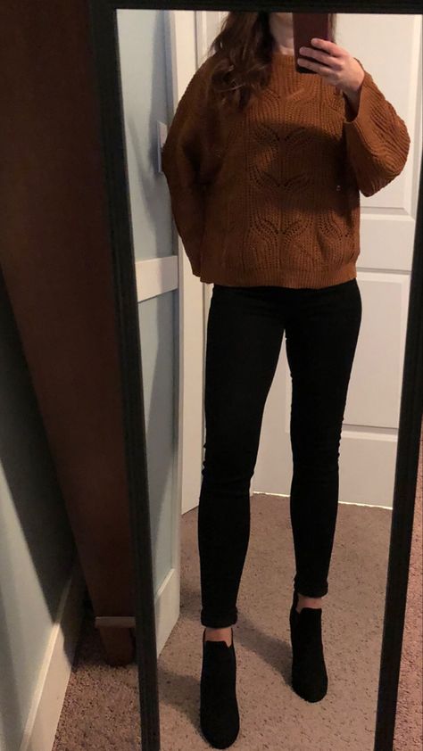 Black Pants And Brown Boots, Brown Sweater Black Jeans, Black Jeans Brown Sweater Outfit, Brown Wool Sweater Outfit, Rust Brown Outfit, Dark Brown Sweater Outfit, Rust Sweater Outfit, Wool Sweater Outfit, Brown Sweater Outfit