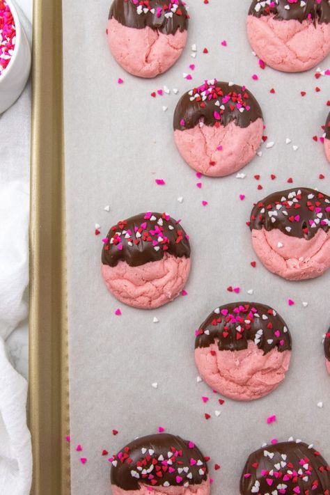 Chocolate Covered Strawberry Cookies, Valentine’s Day Cookies, Strawberry Chocolate Dipped, Chocolate Strawberry Cookies, Valentines Day Cookie Recipe, Strawberry Cake Mix Cookies, Roll Out Sugar Cookies, Strawberry Cookie, Strawberry Cake Easy