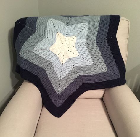 Handmade crocheted star baby blanket. Perfect for keeping baby nice and cozy and warm. Made with a soft, 100% acrylic yarn, that's soft on baby's skin. Great for a baby shower gift or your own bundle of joy! It will be a keepsake that your baby can have for years to come. Colors include dark, medium, light and baby blue and white.  Care Instructions: Machine wash and dry Blanket measurements: Width (Point to Point)- 46" Width (Narrowest)- 26" PLEASE NOTE: My shipping fees are an estimate. After Weather Crochet Blanket, Star Blanket Crochet Pattern, Blue Crochet Blanket, Crocheted Star, Crochet Star Blanket, Ombre Crochet, Star Baby Blanket, Blue Baby Blanket, Crochet Star